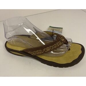 Olukai NWT Leather Flip-Flops Sandals Brown/Green‎ Mauka Series Women's 9